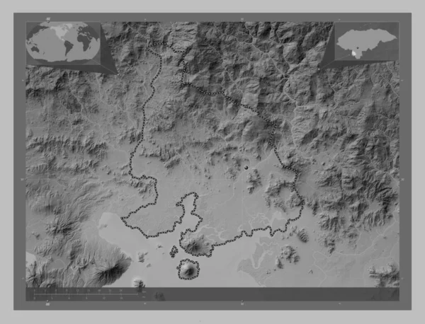 Valle Department Honduras Grayscale Elevation Map Lakes Rivers Corner Auxiliary — Stock Photo, Image