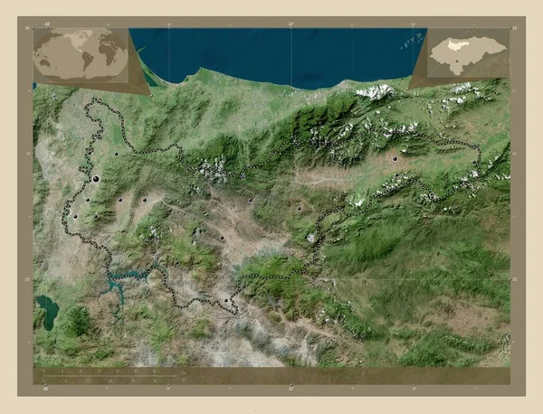 ホンジュラス省養老 高解像度衛星地図 地域の主要都市の場所 コーナー補助位置図 — ストック写真