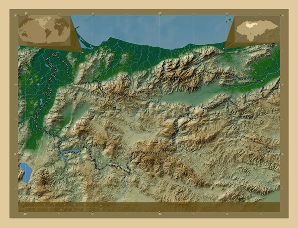 Йоро Департамент Гондураса Цветная Карта Высоты Озерами Реками Вспомогательные Карты — стоковое фото