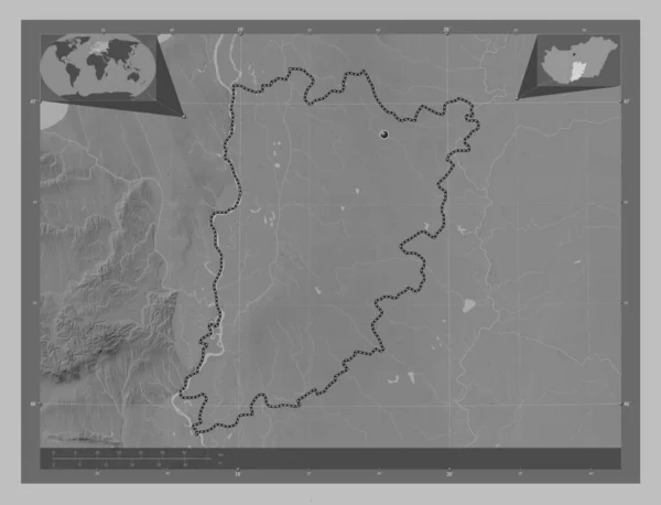 Bacs Kiskun 匈牙利县 带有湖泊和河流的灰度高程图 角辅助位置图 — 图库照片