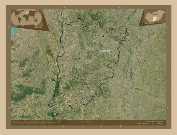 ハンガリーの郡 バックス キスクン 低解像度衛星地図 地域の主要都市の位置と名前 コーナー補助位置図 — ストック写真