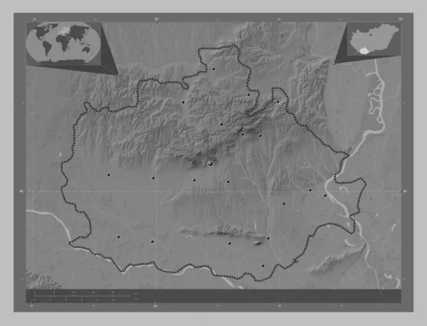 ハンガリーの郡Baranya 湖や川とグレースケールの標高マップ 地域の主要都市の場所 コーナー補助位置図 — ストック写真