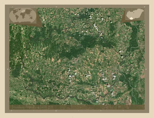 Baranya 匈牙利县 高分辨率卫星地图 该区域主要城市的所在地点 角辅助位置图 — 图库照片