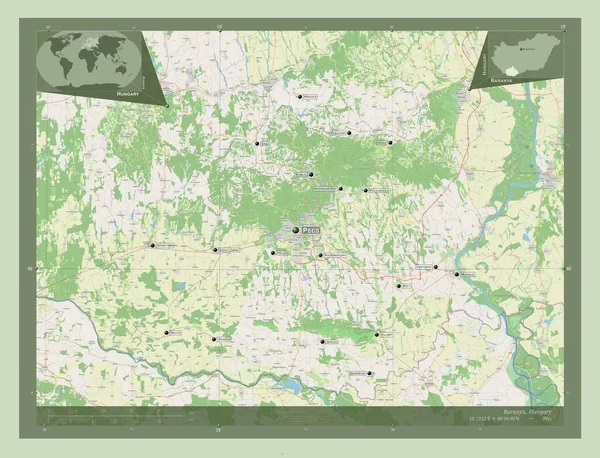 Baranya Contea Ungheria Mappa Stradale Aperta Località Nomi Delle Principali — Foto Stock