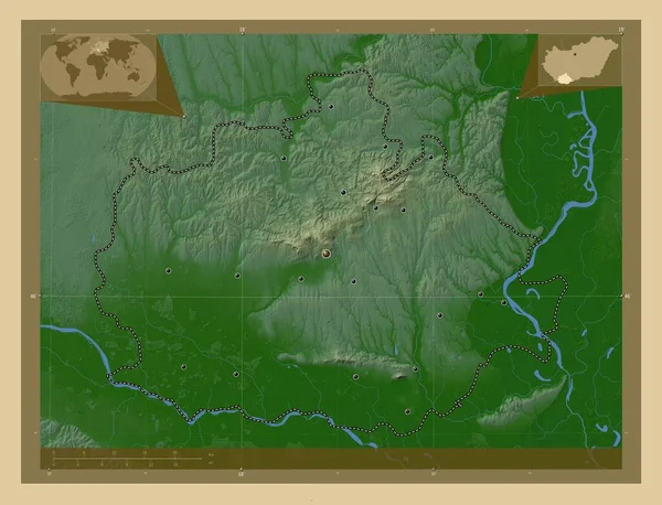 Baranya County Hungary Colored Elevation Map Lakes Rivers Locations Major — Stock Photo, Image