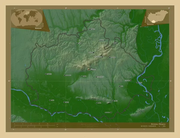 ハンガリーの郡Baranya 湖や川と色の標高マップ 地域の主要都市の位置と名前 コーナー補助位置図 — ストック写真