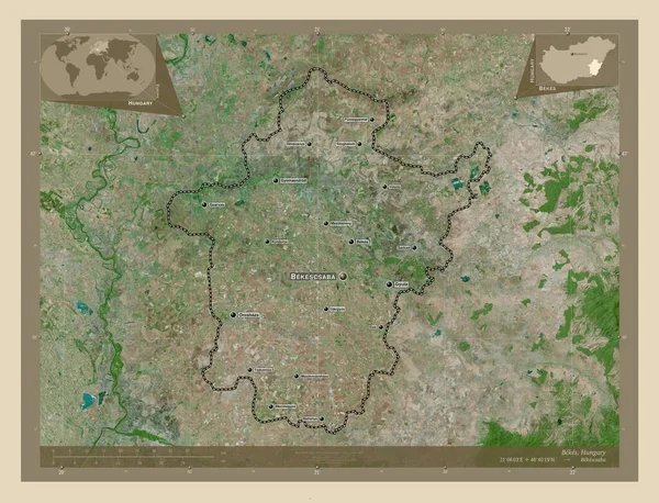 ハンガリーの郡ベーク 高解像度衛星地図 地域の主要都市の位置と名前 コーナー補助位置図 — ストック写真