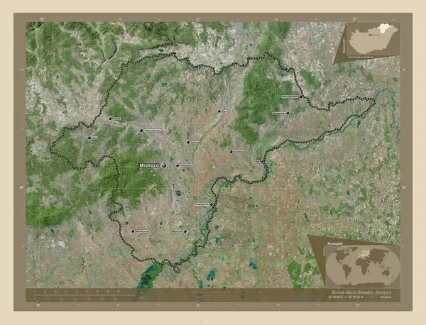 Borsod Abauj Zemplen 匈牙利县 高分辨率卫星地图 该区域主要城市的地点和名称 角辅助位置图 — 图库照片