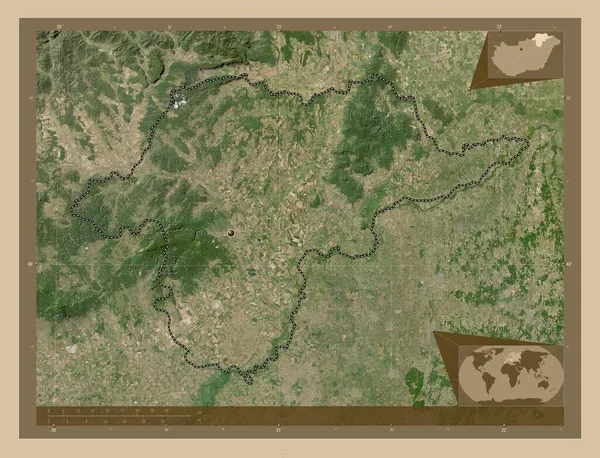 ハンガリーの郡ボルス アボーイ ゼムレン 低解像度衛星地図 コーナー補助位置図 — ストック写真