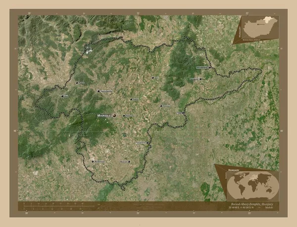 ハンガリーの郡ボルス アボーイ ゼムレン 低解像度衛星地図 地域の主要都市の位置と名前 コーナー補助位置図 — ストック写真