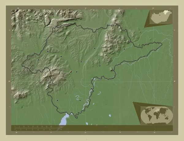 Borsod Abauj Zemplen 匈牙利县 用Wiki风格绘制的带有湖泊和河流的高程地图 该区域主要城市的所在地点 角辅助位置图 — 图库照片