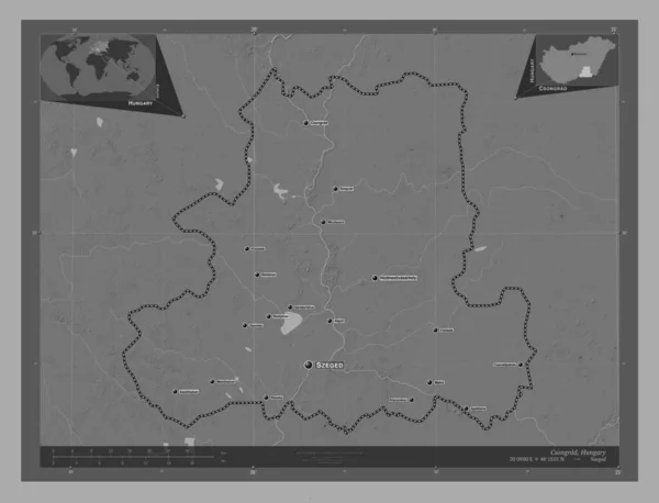 Csongrad Condado Hungría Mapa Elevación Bilevel Con Lagos Ríos Ubicaciones —  Fotos de Stock