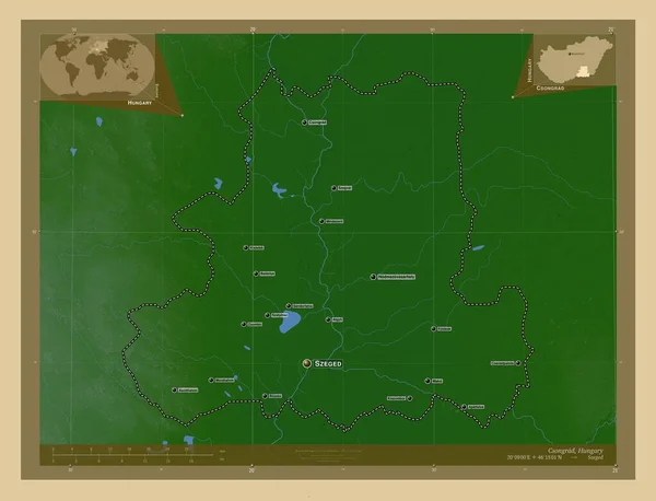 Csongrad Condado Hungría Mapa Elevación Colores Con Lagos Ríos Ubicaciones —  Fotos de Stock