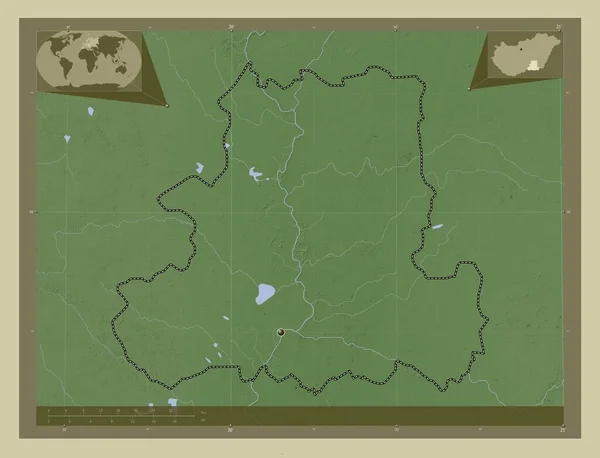 Csongrad, county of Hungary. Elevation map colored in wiki style with lakes and rivers. Corner auxiliary location maps