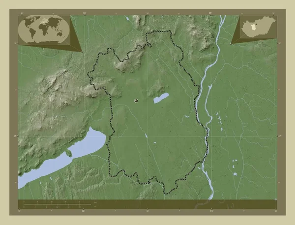 Fejer, county of Hungary. Elevation map colored in wiki style with lakes and rivers. Corner auxiliary location maps