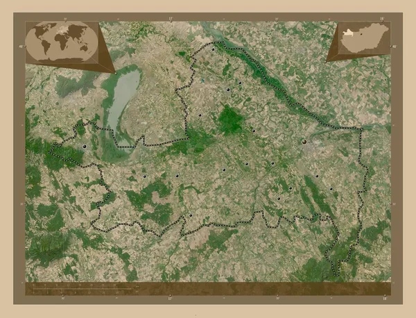 ハンガリーの郡Gyor Moson Sopron 低解像度衛星地図 地域の主要都市の場所 コーナー補助位置図 — ストック写真