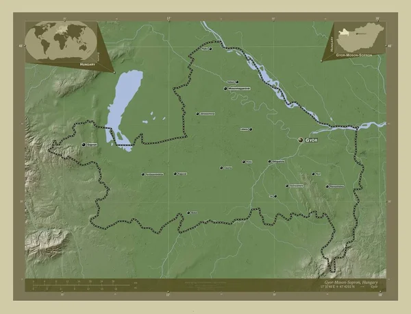 ハンガリーの郡Gyor Moson Sopron 湖や川とWikiスタイルで着色された標高マップ 地域の主要都市の位置と名前 コーナー補助位置図 — ストック写真