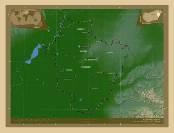 Hajdu Bihar Powiat Węgierski Kolorowa Mapa Wzniesień Jeziorami Rzekami Lokalizacje — Zdjęcie stockowe