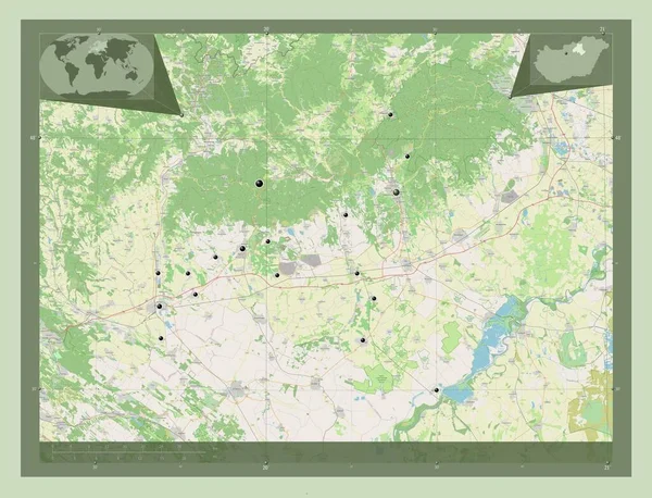 ハンガリーの郡だ ストリートマップを開く 地域の主要都市の場所 コーナー補助位置図 — ストック写真