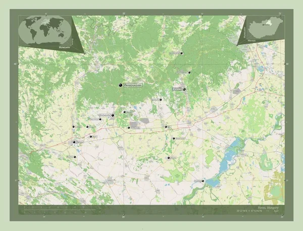 Heves Contea Ungheria Mappa Stradale Aperta Località Nomi Delle Principali — Foto Stock