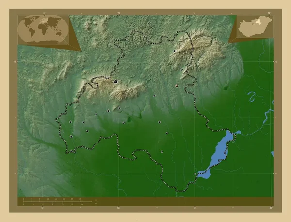Heves Επαρχία Της Ουγγαρίας Χρωματιστός Υψομετρικός Χάρτης Λίμνες Και Ποτάμια — Φωτογραφία Αρχείου