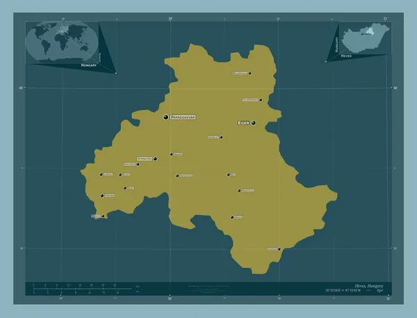 ハンガリーの郡だ しっかりした色の形 地域の主要都市の位置と名前 コーナー補助位置図 — ストック写真