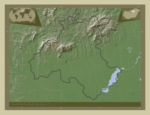 Heves Powiat Węgierski Mapa Wzniesień Kolorowa Stylu Wiki Jeziorami Rzekami — Zdjęcie stockowe