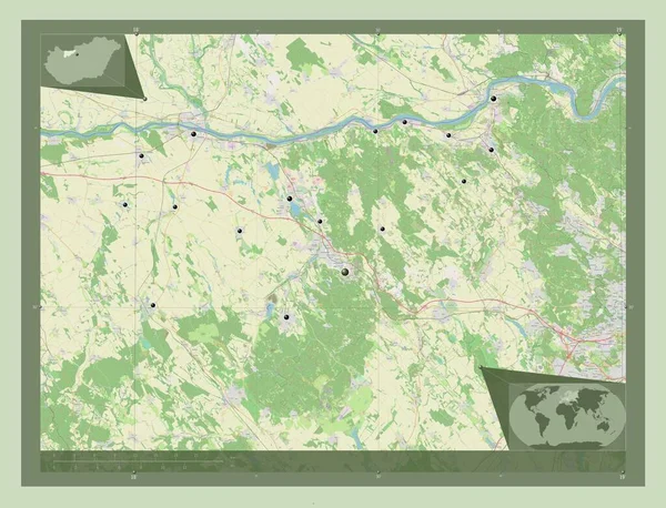 Komarom Esztergom 匈牙利县 开放街道地图 该区域主要城市的所在地点 角辅助位置图 — 图库照片