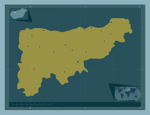 ハンガリーの郡Komarom Esztergom しっかりした色の形 地域の主要都市の場所 コーナー補助位置図 — ストック写真