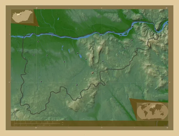 Komarom Esztergom County Hungary Colored Elevation Map Lakes Rivers Locations — Stock Photo, Image