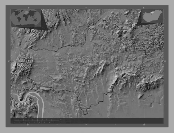 Nograd Provincie Van Hongarije Hoogteplattegrond Met Meren Rivieren Hulplocatiekaarten Hoek — Stockfoto