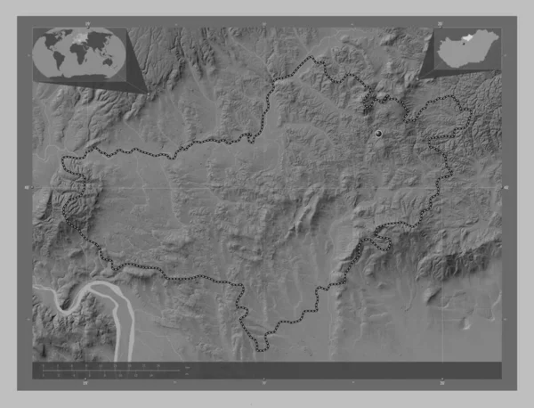 Nograd County Hungary Grayscale Elevation Map Lakes Rivers Corner Auxiliary — Stock Photo, Image