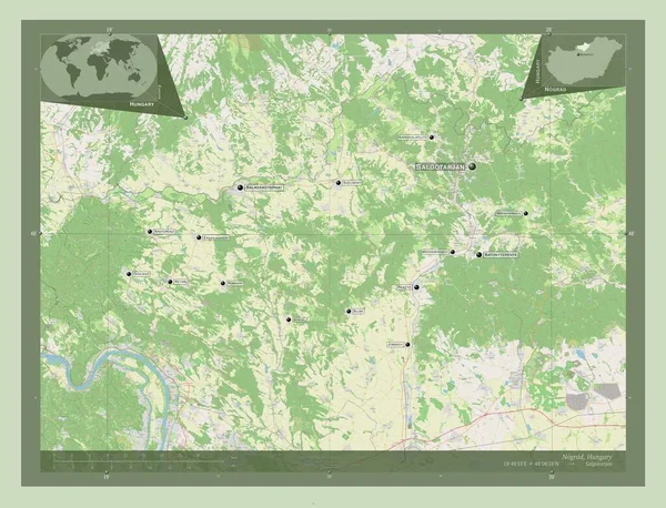 Nograd Contea Ungheria Mappa Stradale Aperta Località Nomi Delle Principali — Foto Stock