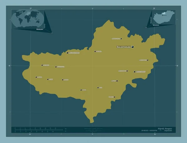 ハンガリーの郡ノグラード しっかりした色の形 地域の主要都市の位置と名前 コーナー補助位置図 — ストック写真
