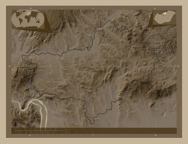 Nograd, county of Hungary. Elevation map colored in sepia tones with lakes and rivers. Corner auxiliary location maps