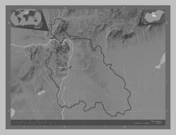 Pest Condado Hungría Mapa Elevación Escala Grises Con Lagos Ríos —  Fotos de Stock