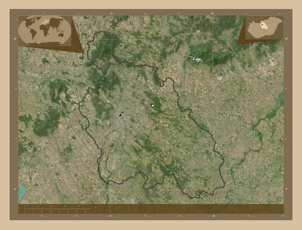 ハンガリーの郡ペスト 低解像度衛星地図 地域の主要都市の場所 コーナー補助位置図 — ストック写真