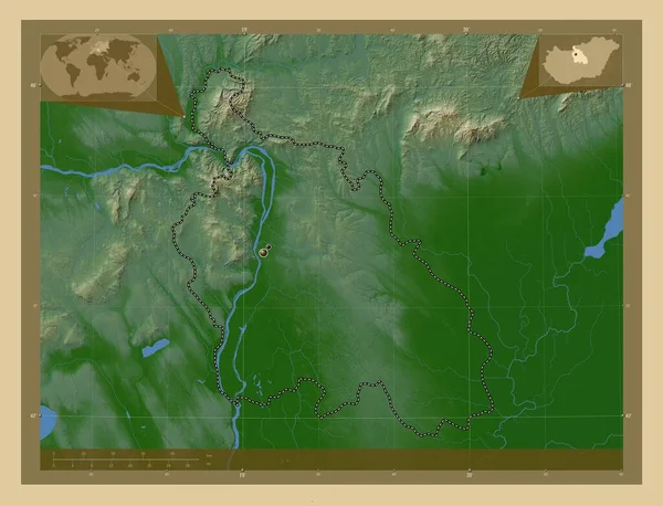 Pest Επαρχία Της Ουγγαρίας Χρωματιστός Υψομετρικός Χάρτης Λίμνες Και Ποτάμια — Φωτογραφία Αρχείου