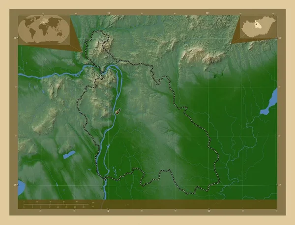 Pest Provincie Van Hongarije Gekleurde Hoogtekaart Met Meren Rivieren Locaties — Stockfoto