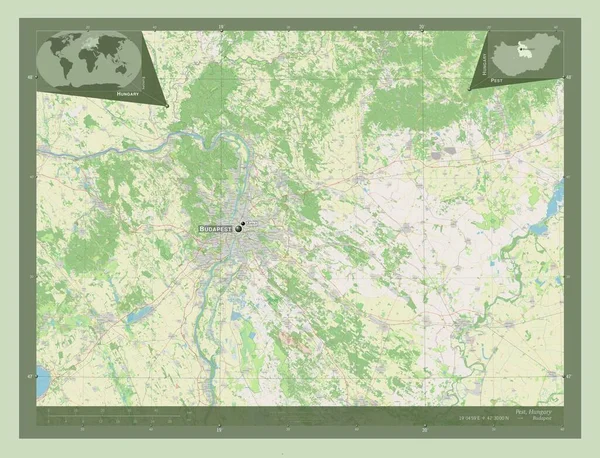 Pest County Hungary 开放街道地图 该区域主要城市的地点和名称 角辅助位置图 — 图库照片