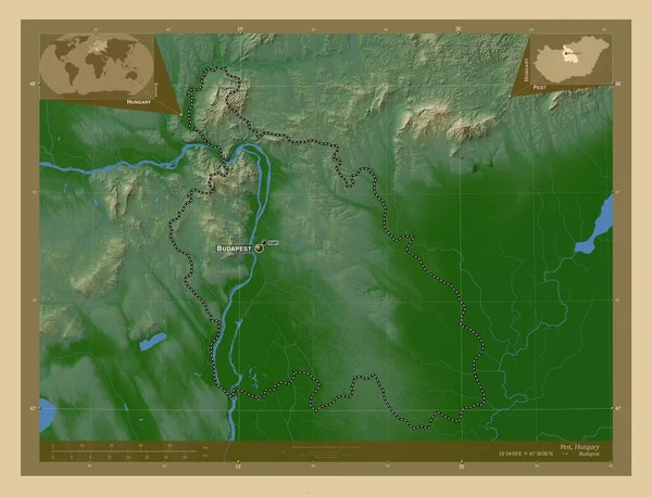 Pest Okres Maďarsko Barevná Mapa Jezery Řekami Umístění Názvy Velkých — Stock fotografie