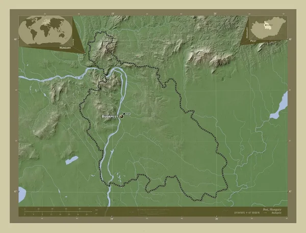 Pest Powiat Węgierski Mapa Wzniesień Kolorowa Stylu Wiki Jeziorami Rzekami — Zdjęcie stockowe