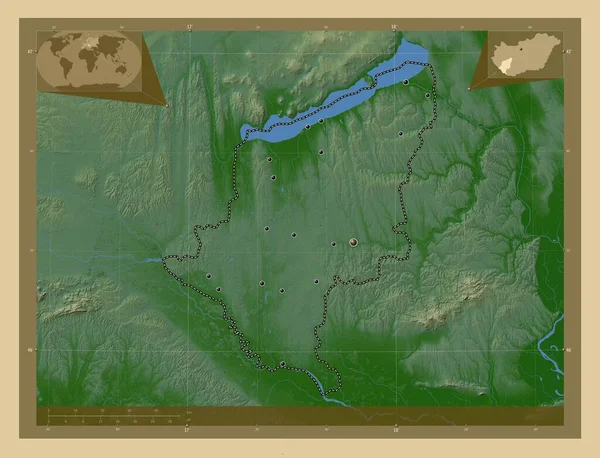 ハンガリーの郡 ソモジー 湖や川と色の標高マップ 地域の主要都市の場所 コーナー補助位置図 — ストック写真