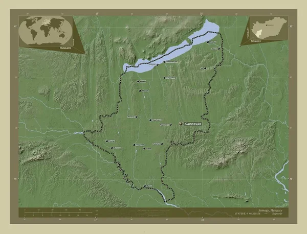 索摩学 匈牙利郡 用Wiki风格绘制的带有湖泊和河流的高程地图 该区域主要城市的地点和名称 角辅助位置图 — 图库照片