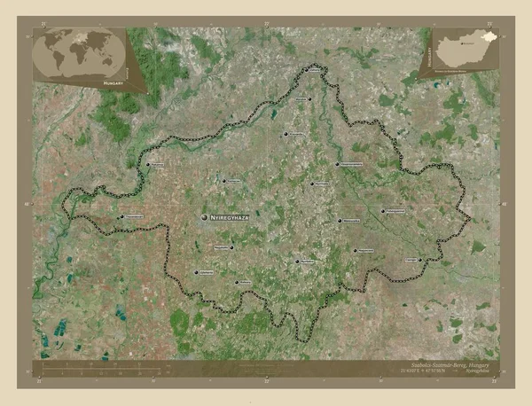 ハンガリーの郡 サトマール ベレグ 英語版 高解像度衛星地図 地域の主要都市の位置と名前 コーナー補助位置図 — ストック写真