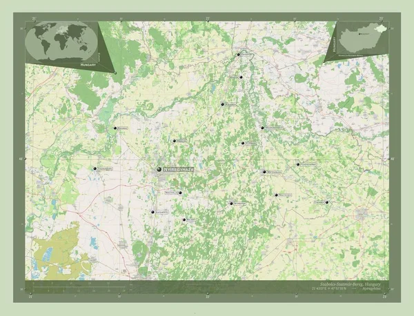 Szabolcs Szatmar Bereg 匈牙利县 开放街道地图 该区域主要城市的地点和名称 角辅助位置图 — 图库照片