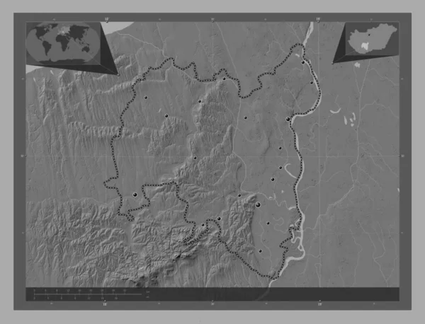Tolna Condado Hungría Mapa Elevación Bilevel Con Lagos Ríos Ubicaciones —  Fotos de Stock