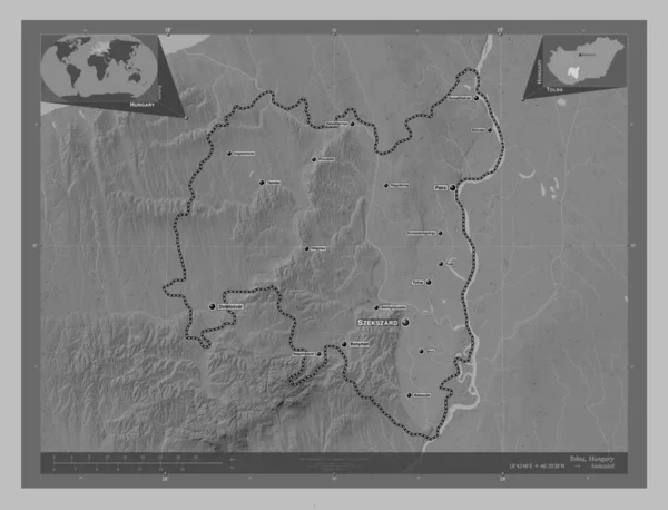 Tolna County Hungary Grayscale Elevation Map Lakes Rivers Locations Names — Stock Photo, Image