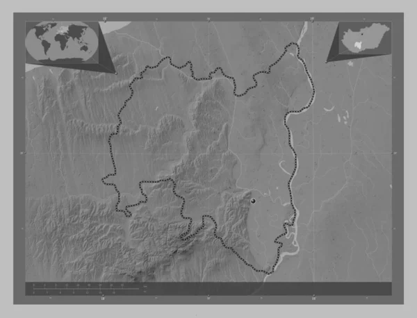 Tolna County Hungary Grayscale Elevation Map Lakes Rivers Corner Auxiliary — Stock Photo, Image