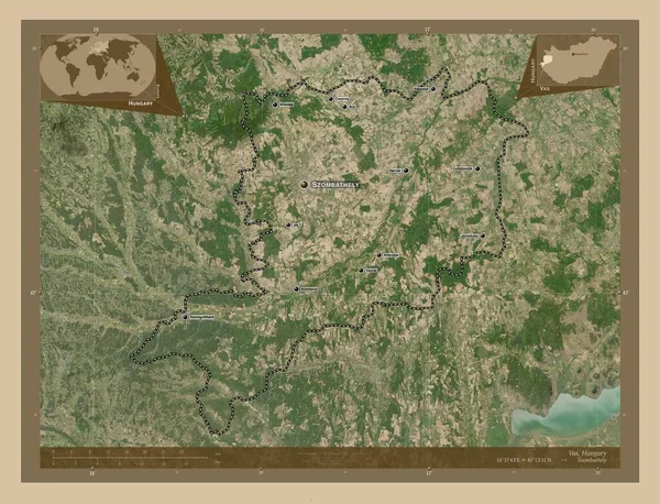ハンガリーの郡Vas 低解像度衛星地図 地域の主要都市の位置と名前 コーナー補助位置図 — ストック写真